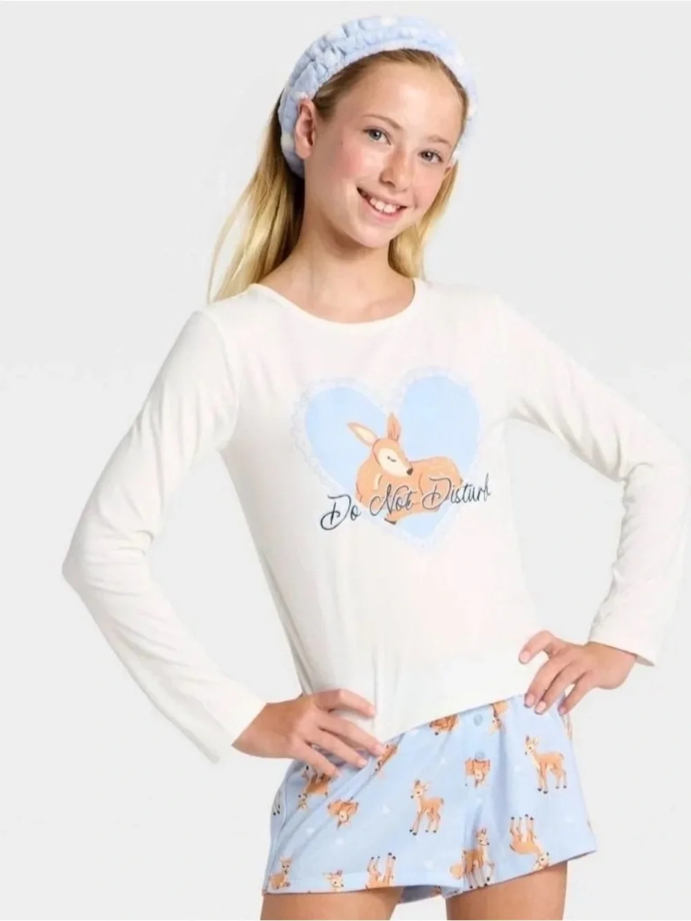 Girls Long Sleeve Pajama Set w/ Headband 3 Pc Set White, Blue, Deer L: 10-12 NWT